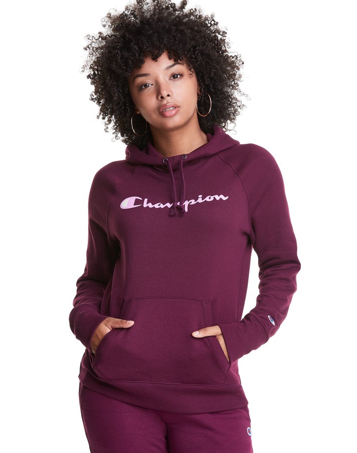 Champion Powerblend Fleece Script Logo Hoodie Dames - DonkerPaars - Belgie 4879BJDLV